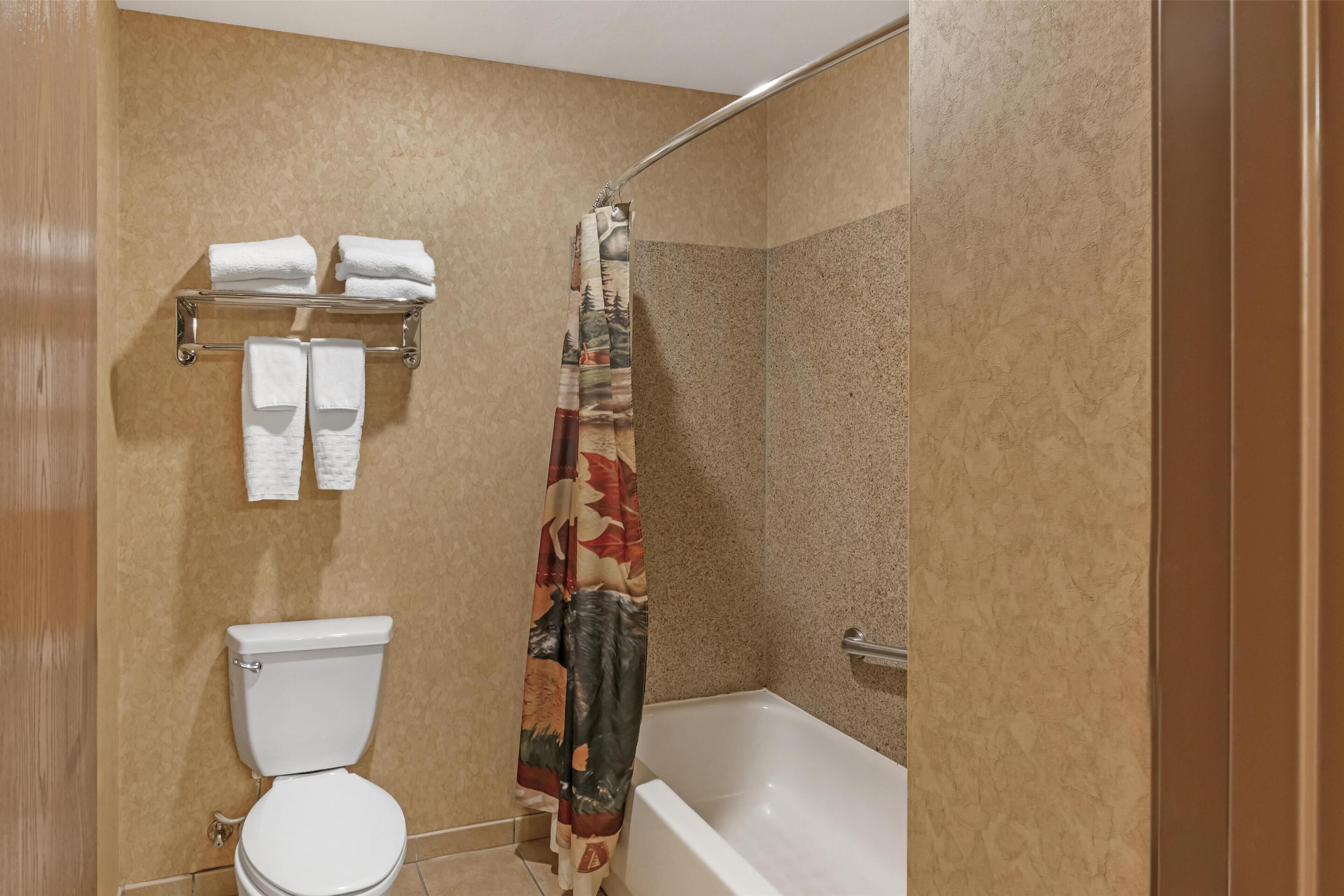 Een badkamer met toilet, bad en douchegordijn.