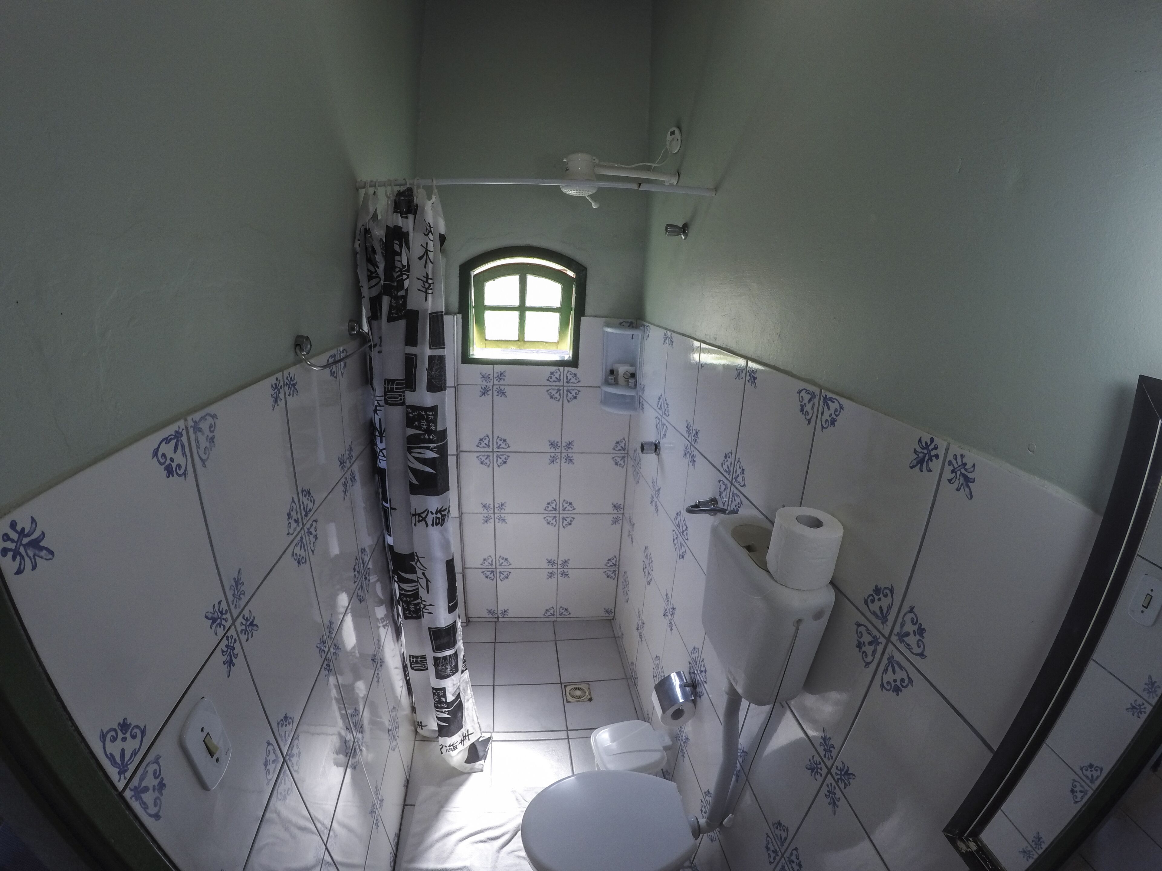 Un baño pequeño con inodoro, cortina de ducha y ventana.