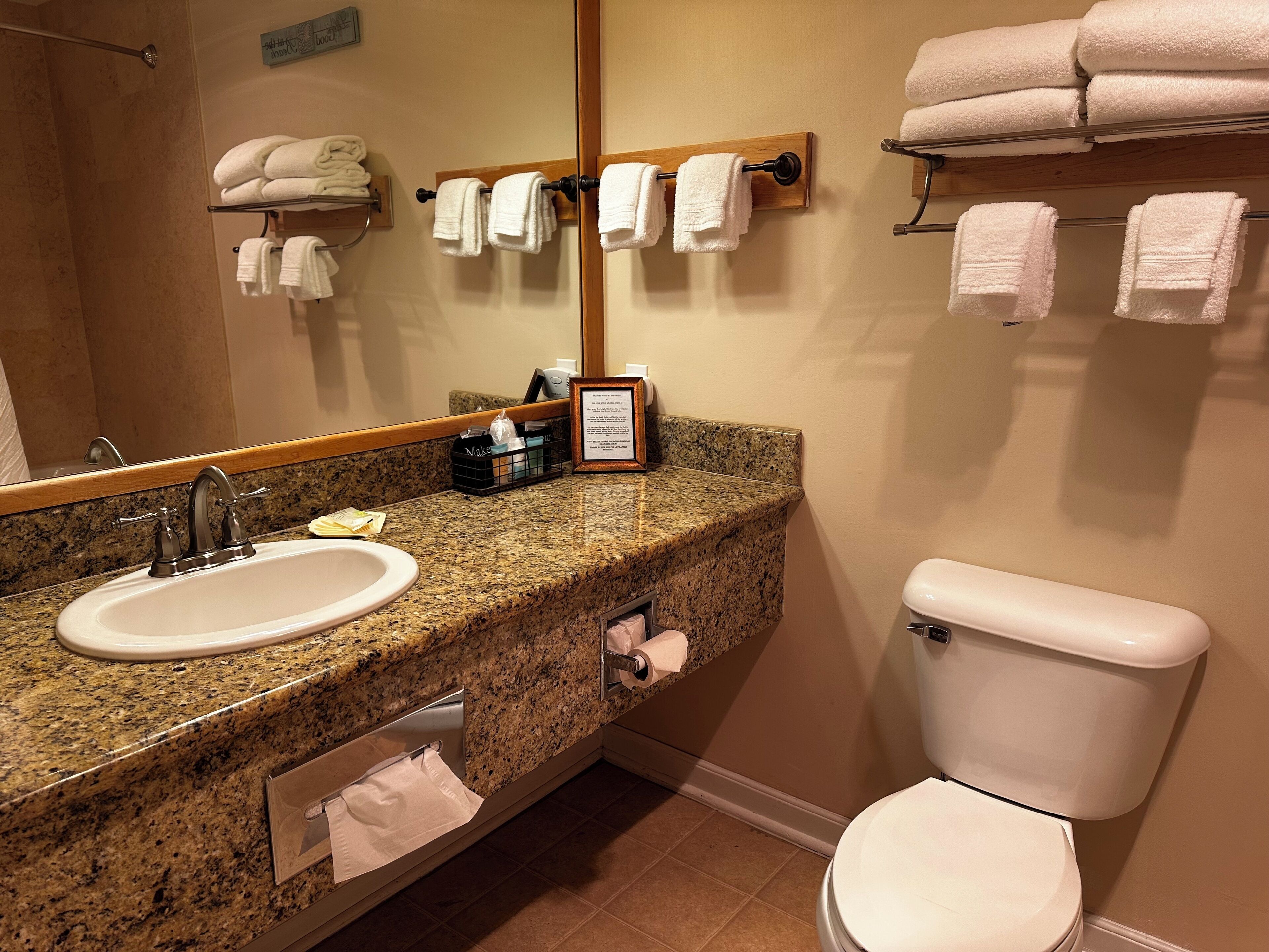Une salle de bain dotée d’un comptoir en granit, d’un lavabo, de toilettes et de plusieurs porte-serviettes.