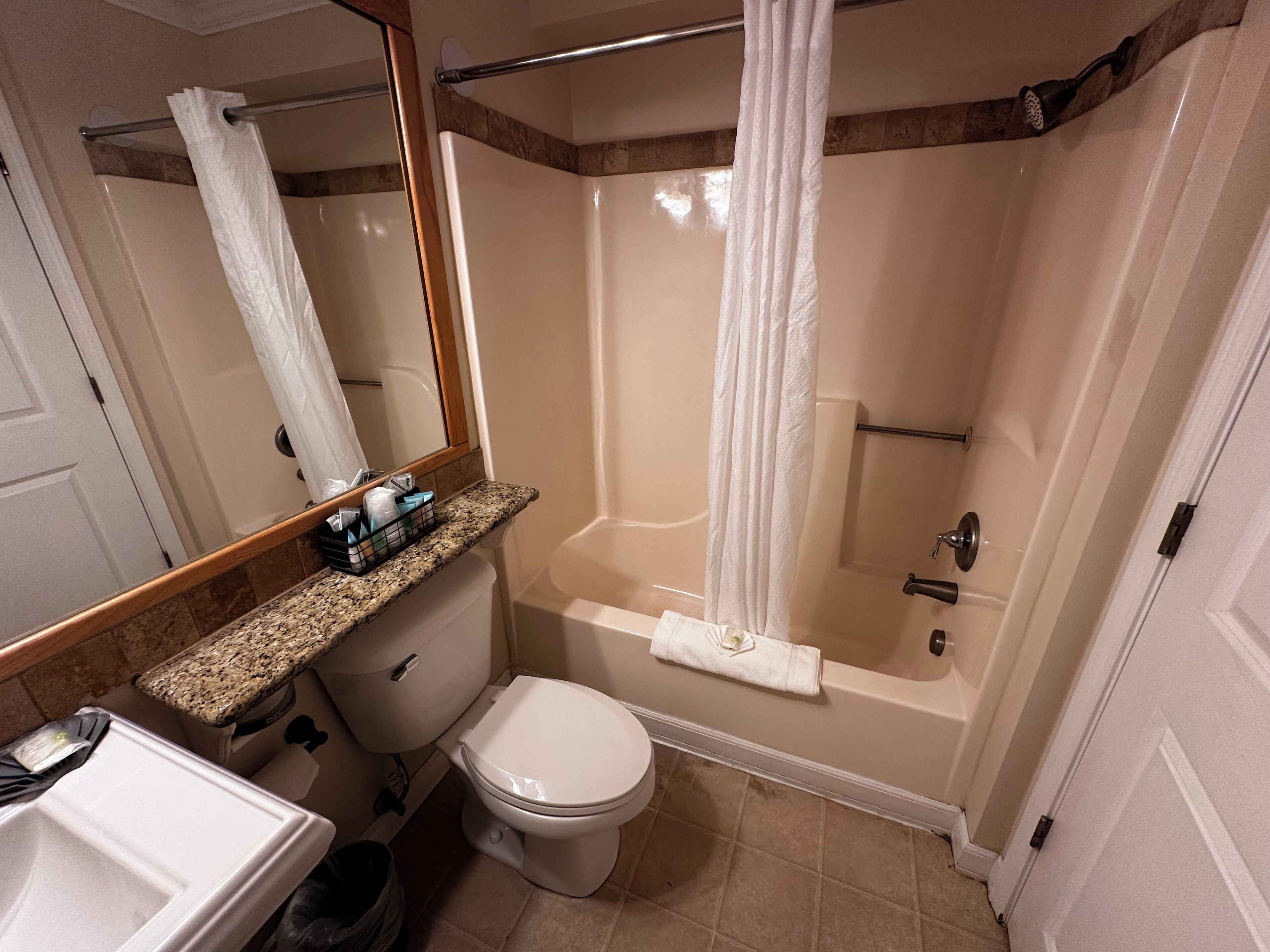 A bathroom with a toilet, sink, and shower area.