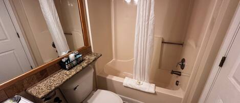 A bathroom with a toilet, sink, and shower area.