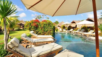 Outdoor pool, pool umbrellas, pool loungers