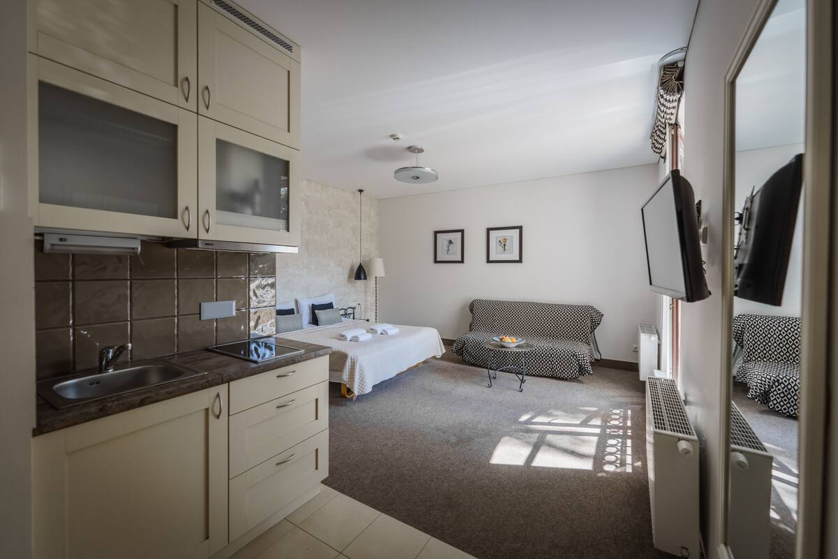 Een compacte hotelkamer met een kitchenette, een bed, een sofa en een klein tafeltje.