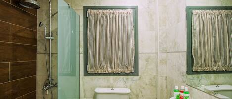 A bathroom with a shower, toilet, sink, and a mirror.
