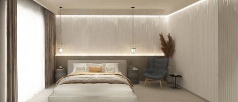 Un dormitorio moderno con una cama grande, mesitas de noche, una silla y una planta decorativa.