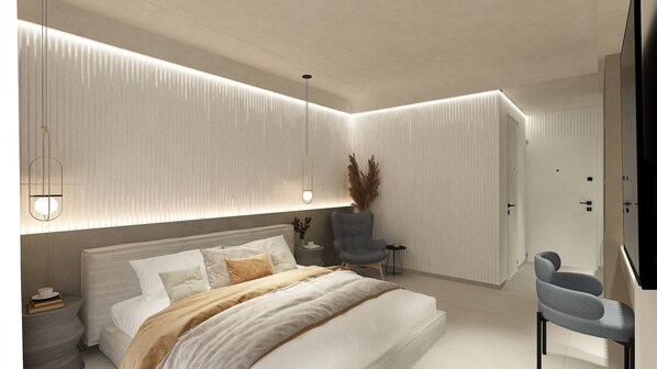 A modern bedroom with a large bed, bedside tables, a chair, and a mirror.