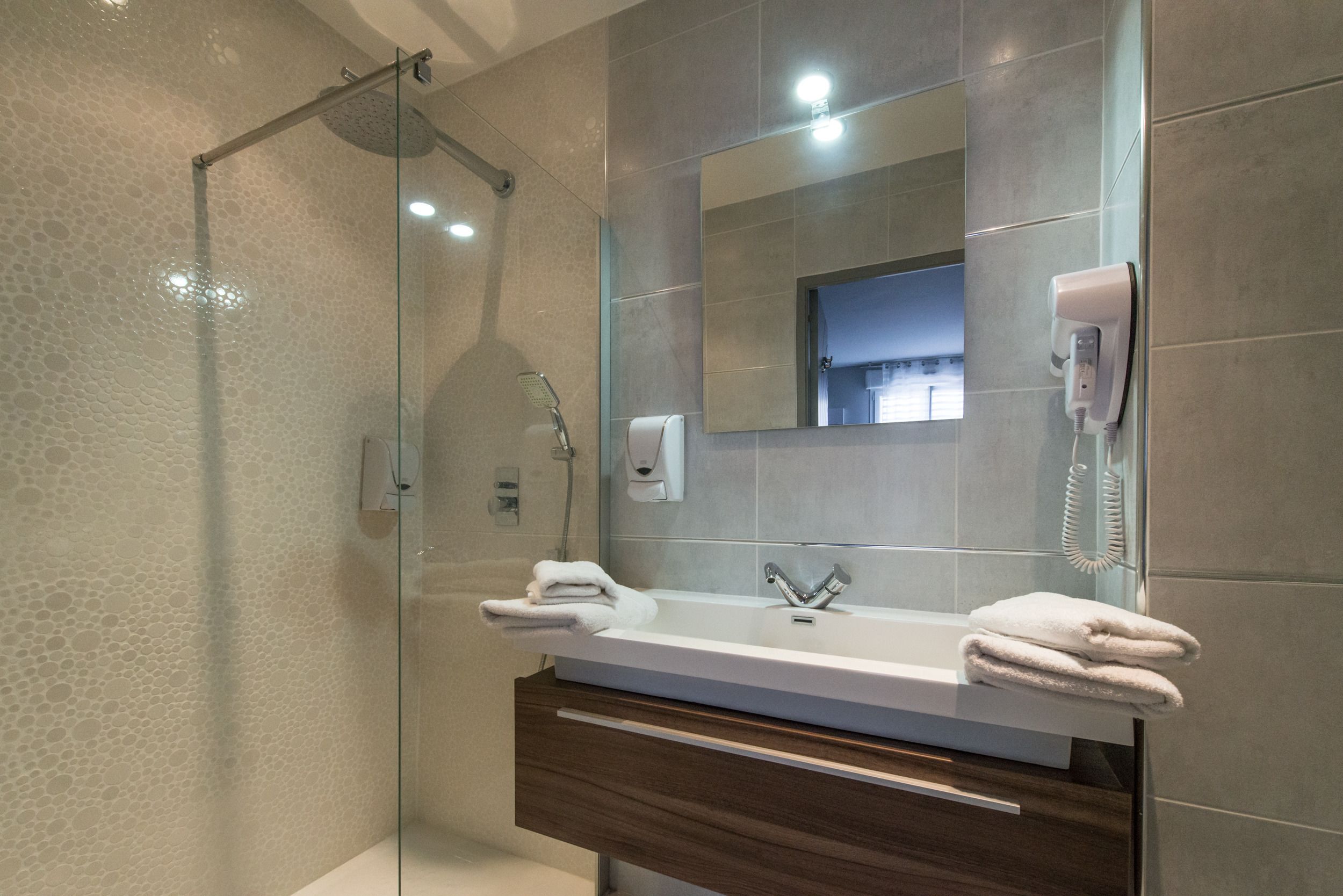 standard double room | bathroom | rainfall showerhead, hair dryer