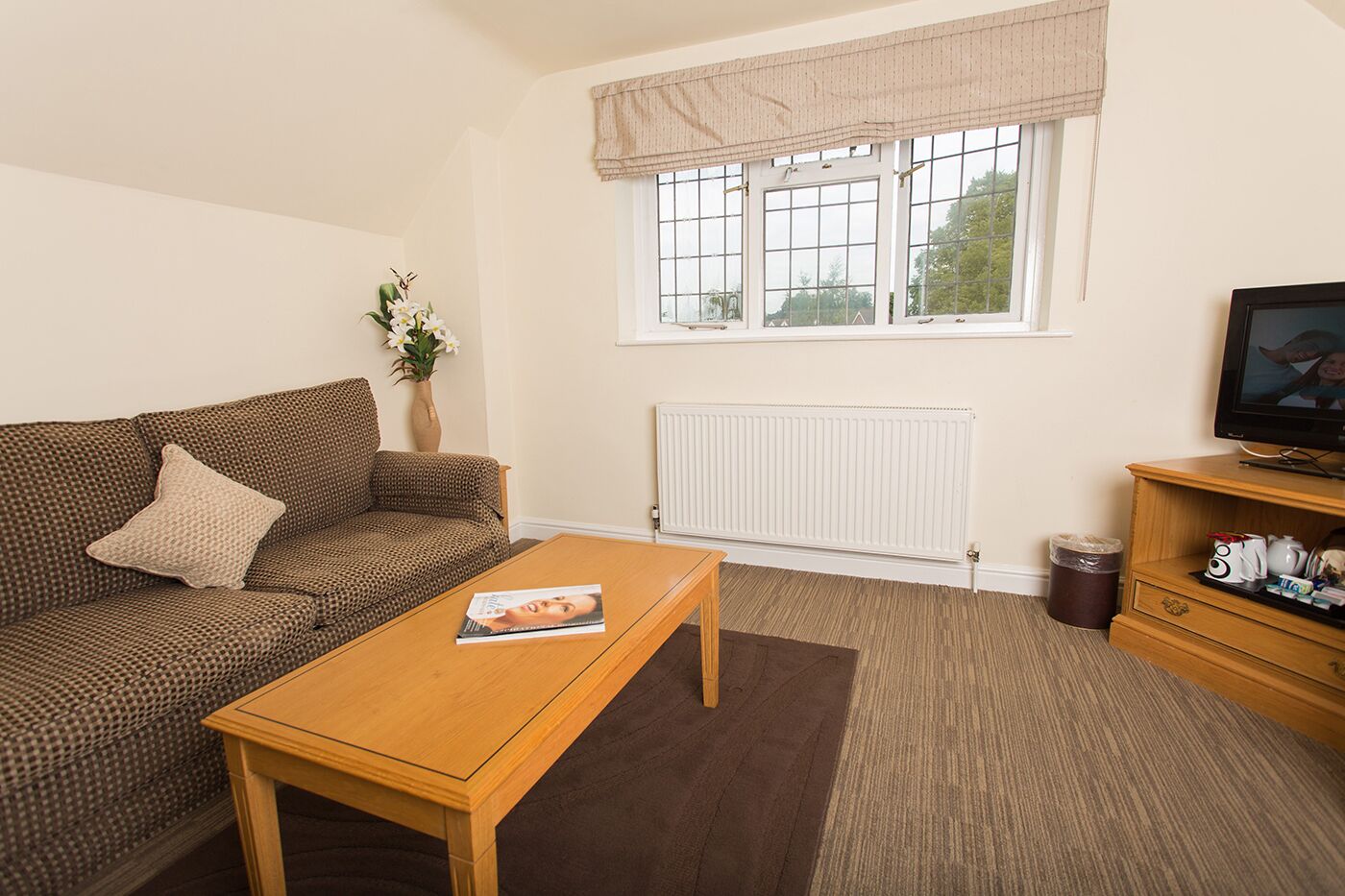 A living room with a sofa, a coffee table, a television, and a radiator.