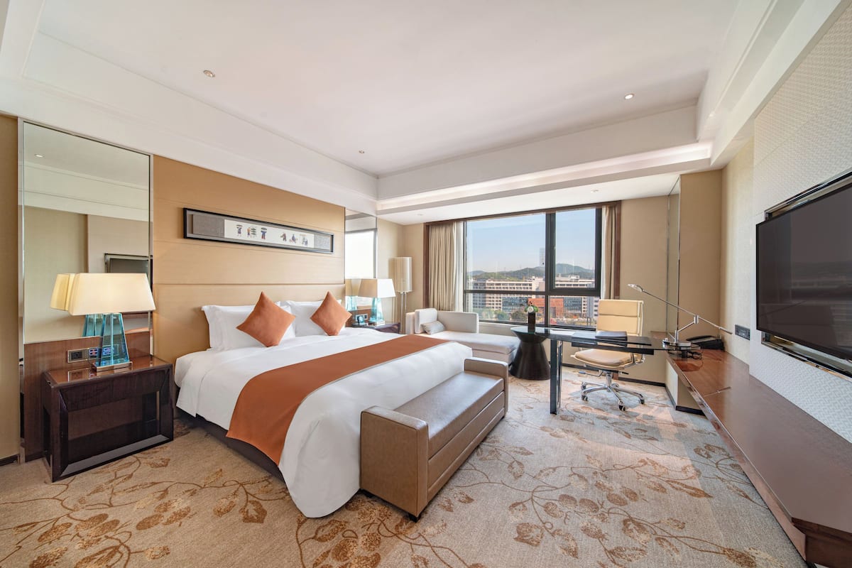 A hotel room with a large bed, a desk, a chair, a TV, and a view of the city.