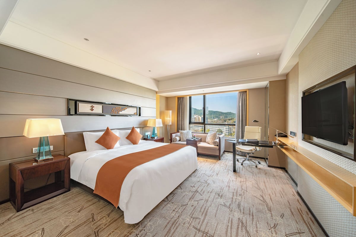 A hotel room with a large bed, a desk, a TV, and a view of the city.