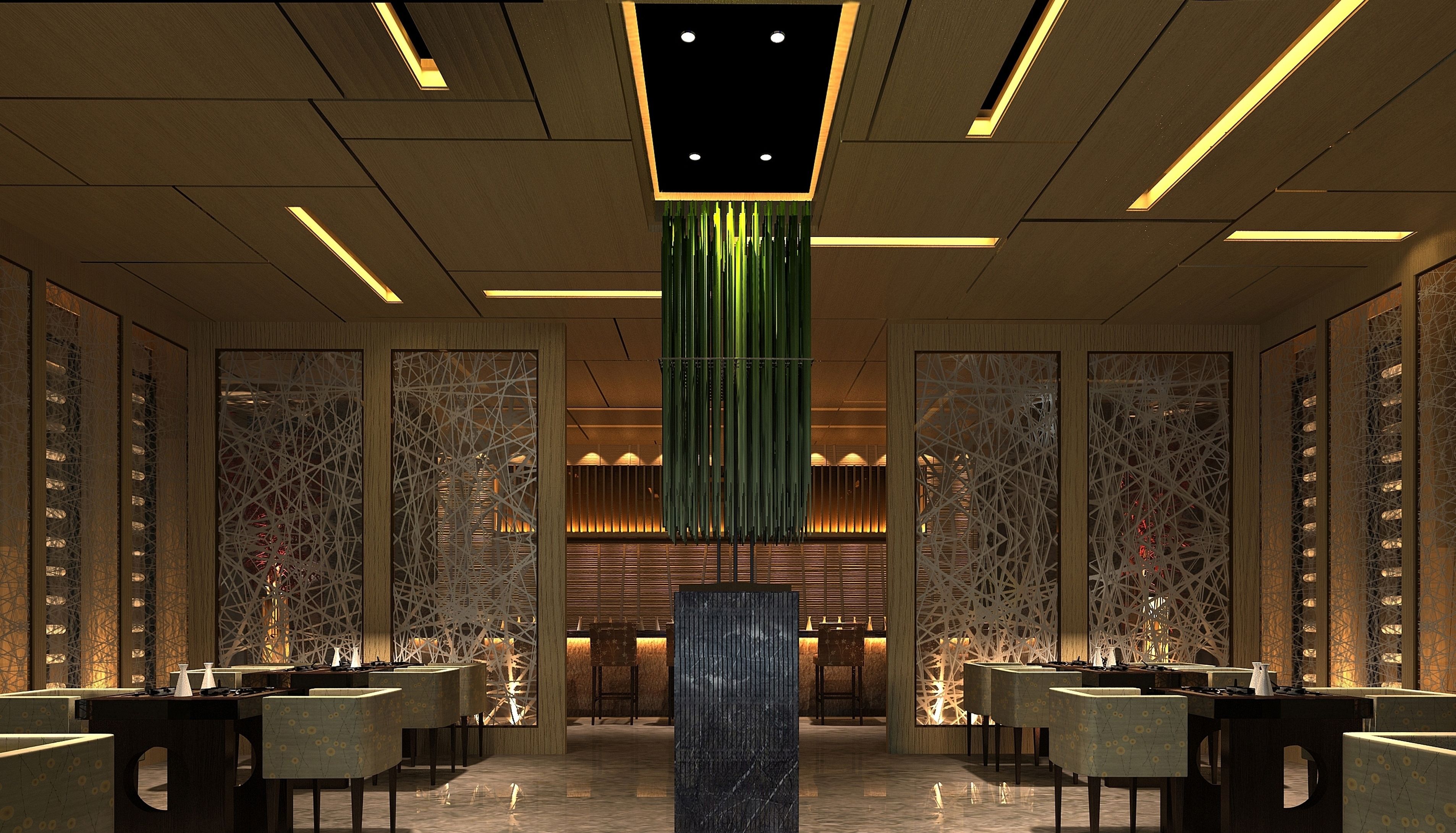 En moderne hotellobby med en central søjle, siddepladser og dekorative paneler.