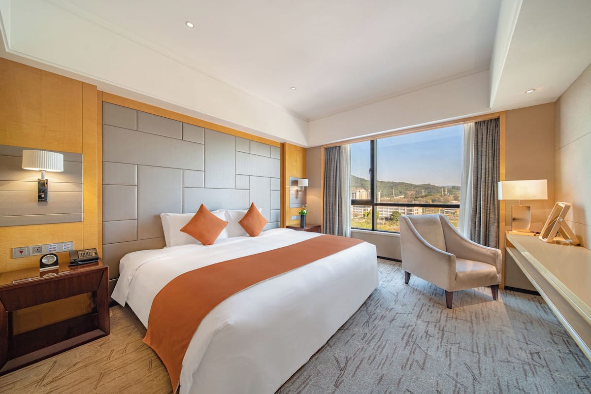 A hotel room with a large bed, a desk, a chair, and a view of the city.
