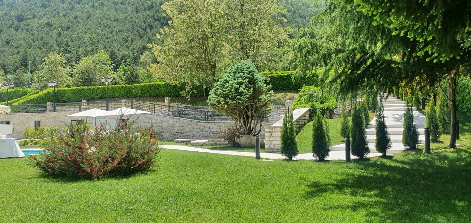 Ein angelegter Garten mit einem Kiesweg, der zu einem Gebäude führt, umgeben von üppigem Grün und einem Poolbereich.