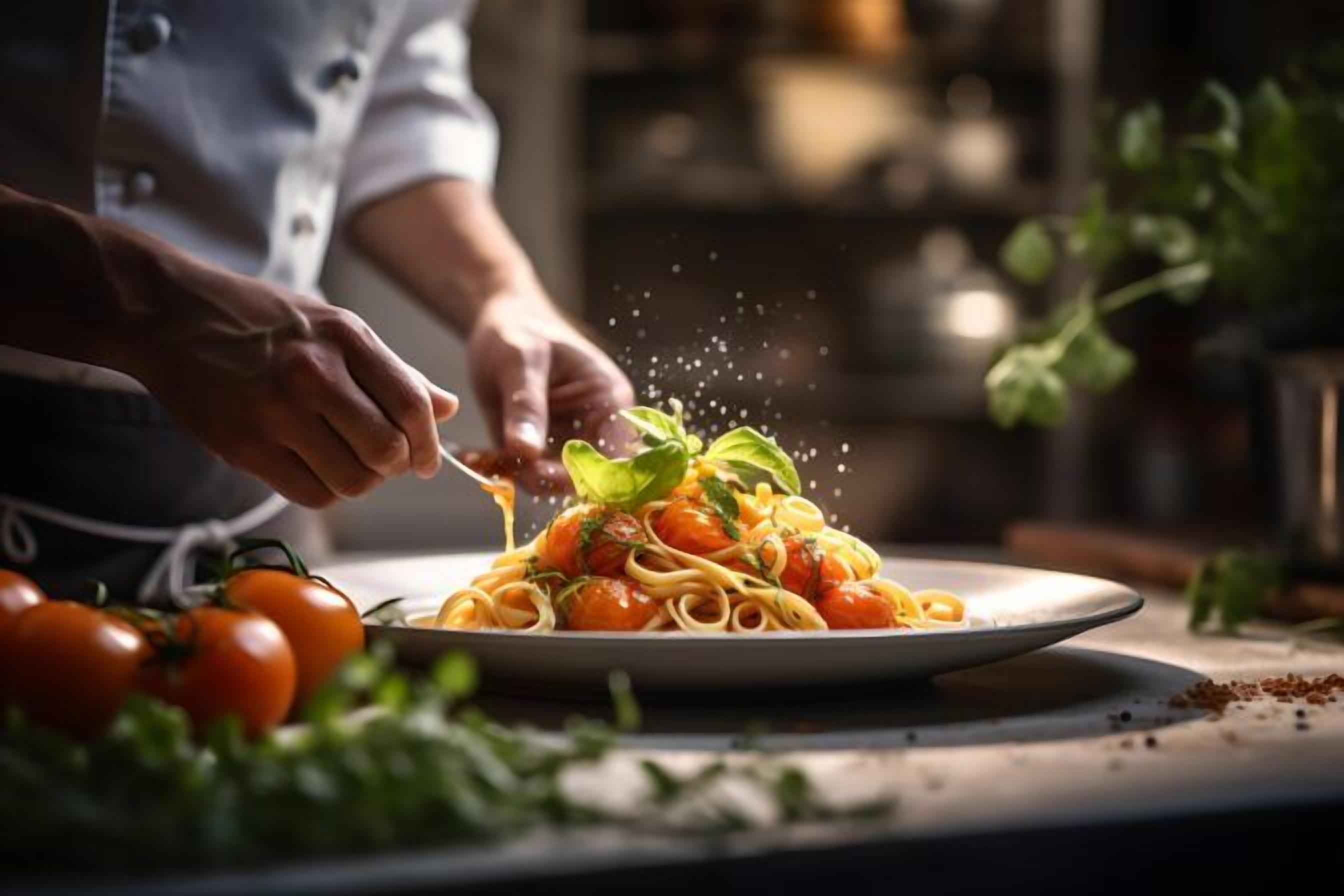 Una persona condimentando un plato con tomates y albahaca.