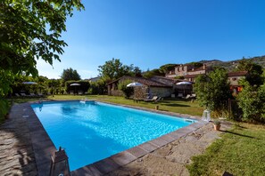 Seasonal outdoor pool, open 9:00 AM to 8:00 PM, pool umbrellas