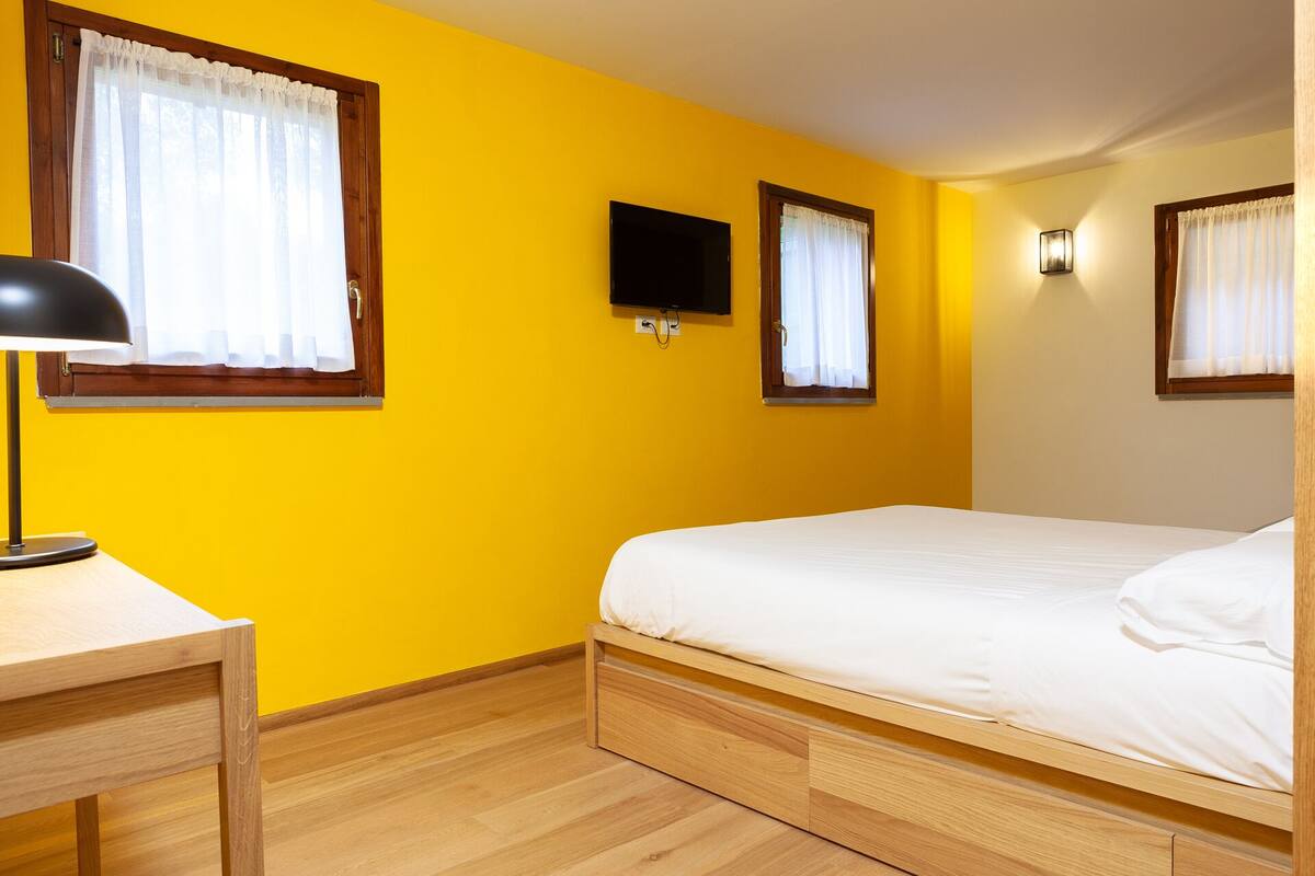 Una habitación con cama, escritorio, televisor y dos ventanas con cortinas.