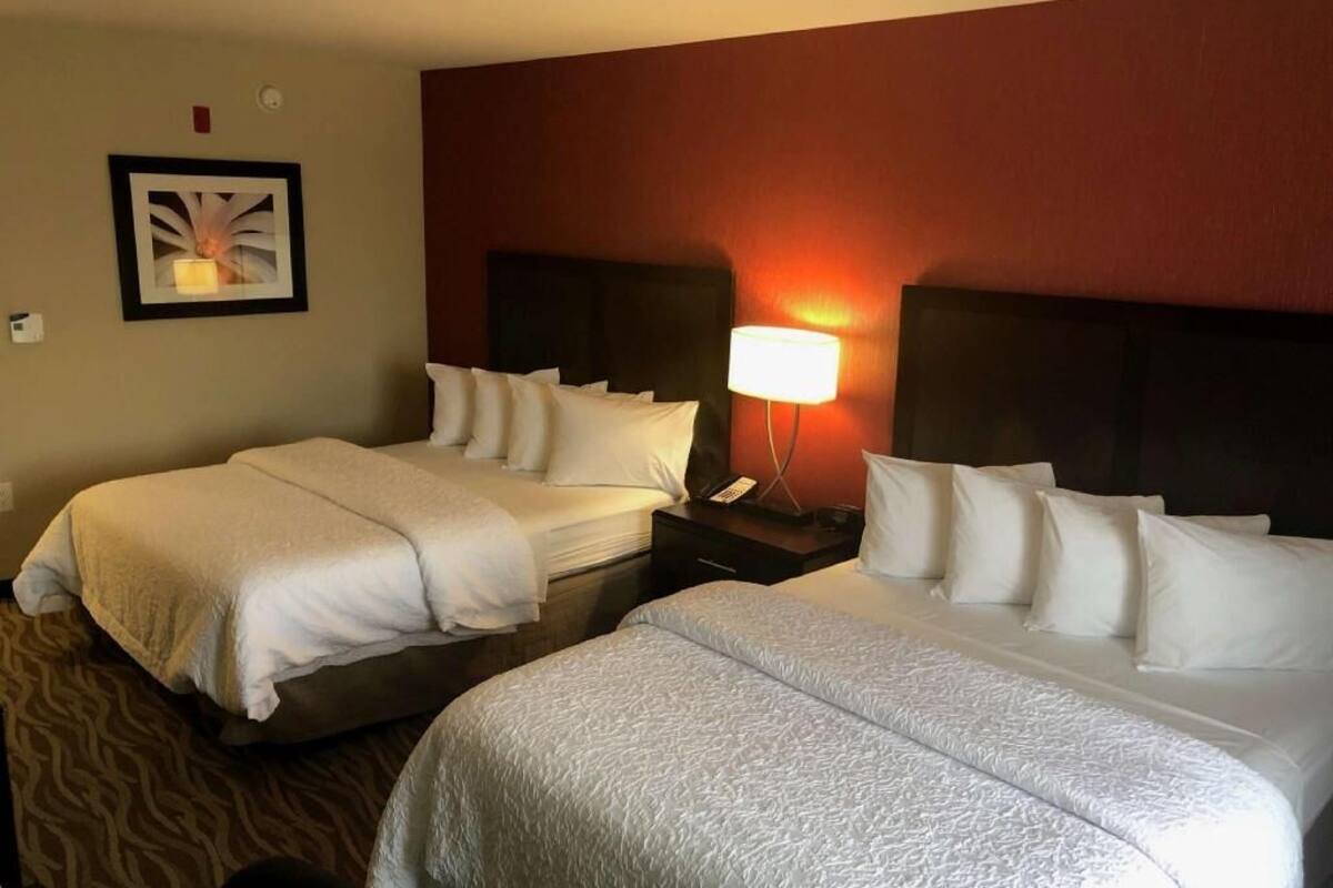A hotel room with two beds, a nightstand with a lamp, a framed picture on the wall, and a carpeted floor.