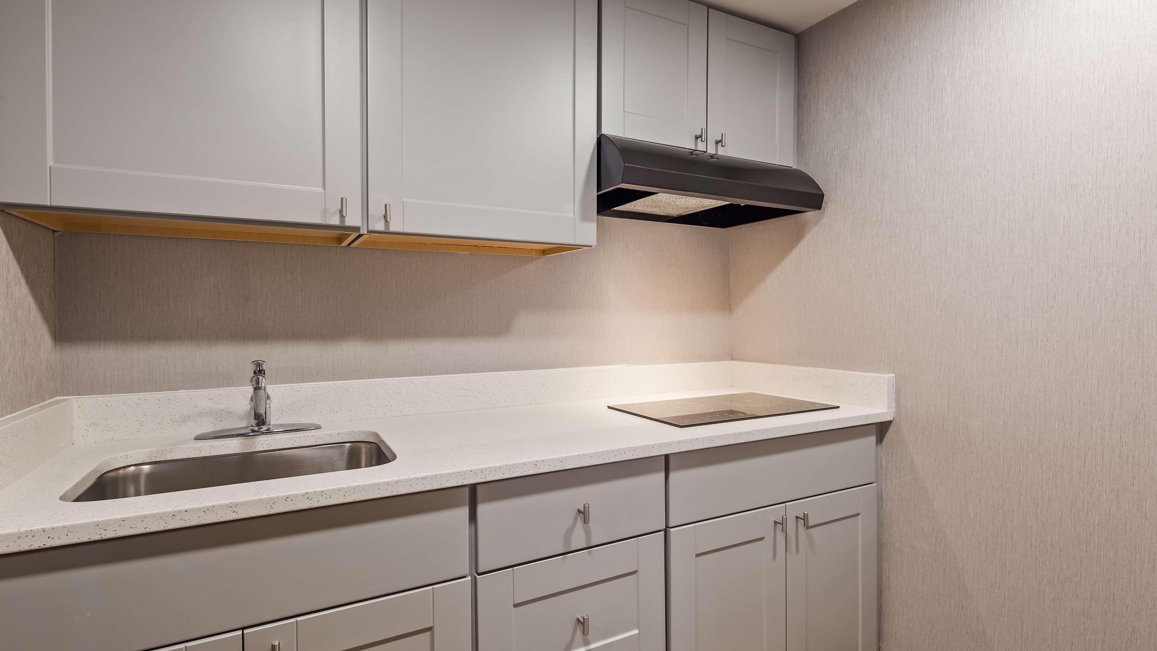 Una cocina moderna con un lavaplatos de acero inoxidable, armarios blancos y una campana extractora empotrada.