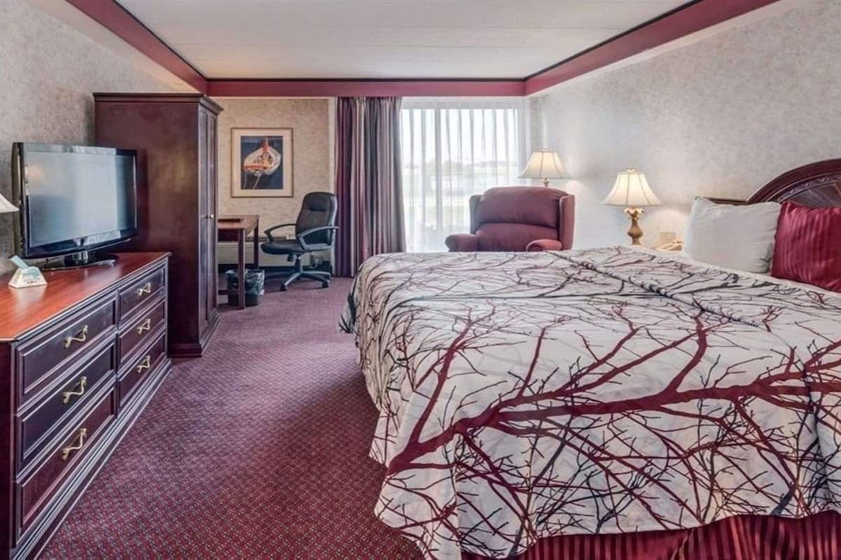 A hotel room with a bed, a TV, a desk, and a chair.