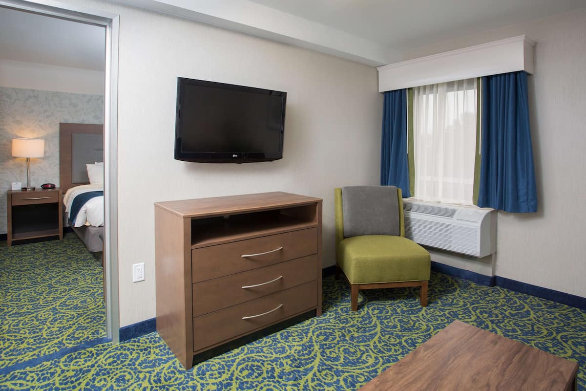 Habitación de hotel con cama, televisor montado en la pared, escritorio con cajones, una silla, aire acondicionado y alfombra estampada.