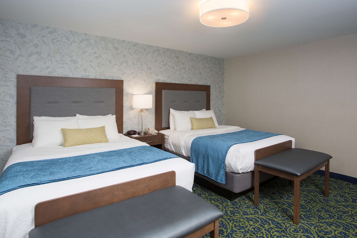Habitación de hotel con dos camas, un banco, una mesita de noche con lámpara y alfombra estampada.