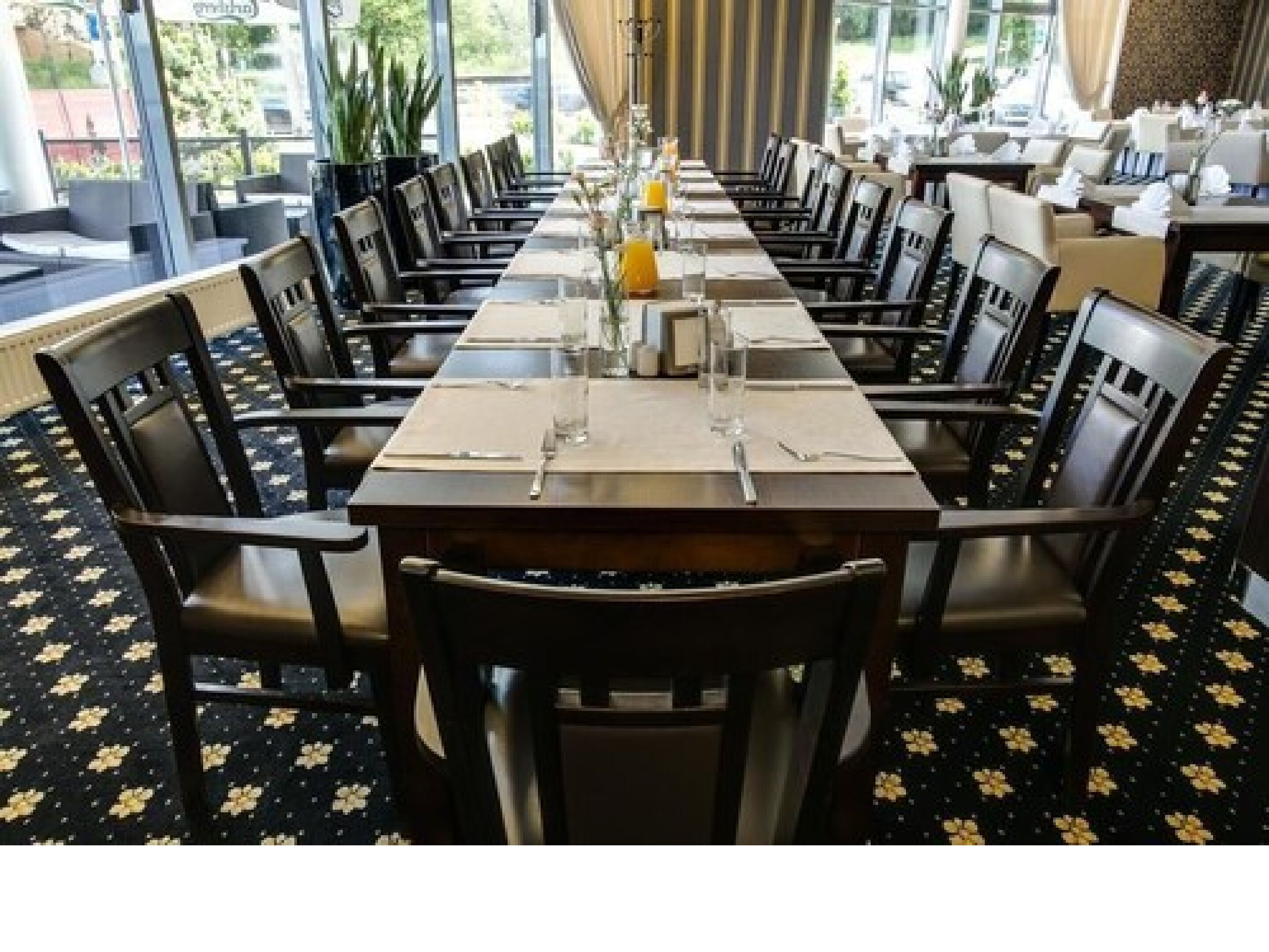 A long dining table with chairs, set for a meal, in a room with patterned carpet and large windows.