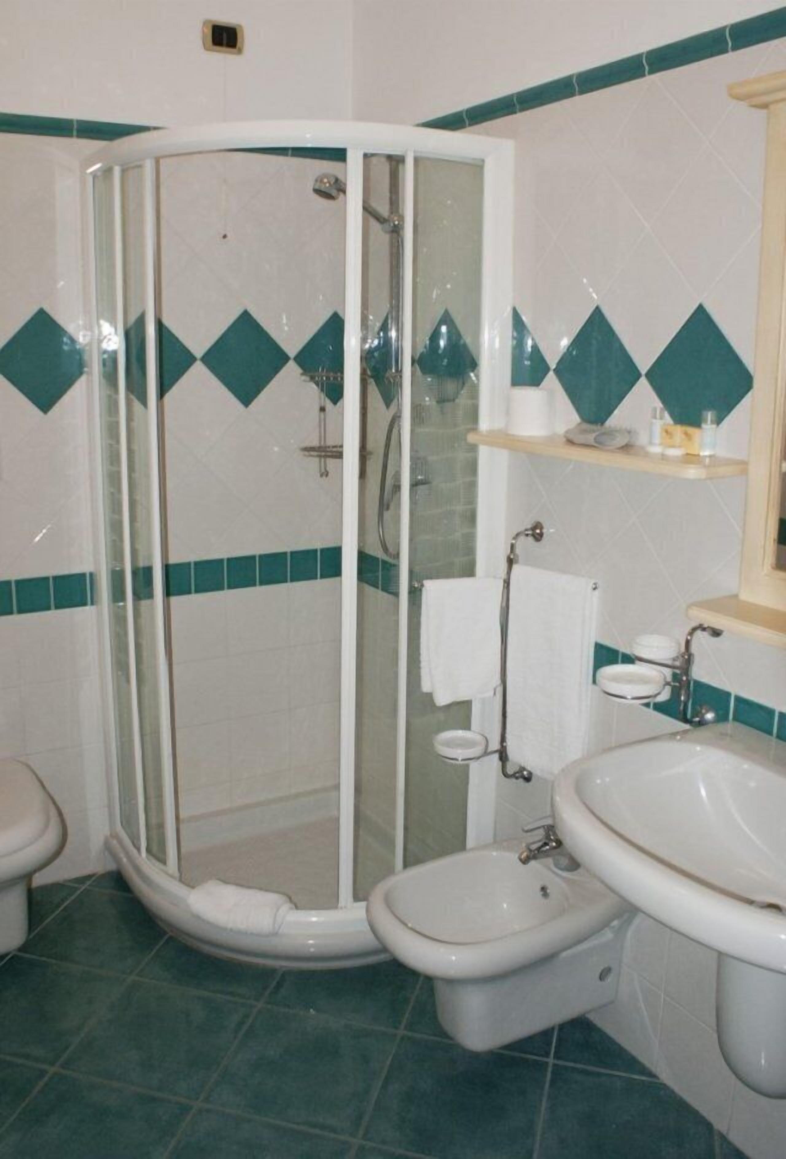Ein Badezimmer mit Duschkabine, integriertem Bidet, Waschbecken und Spiegel.