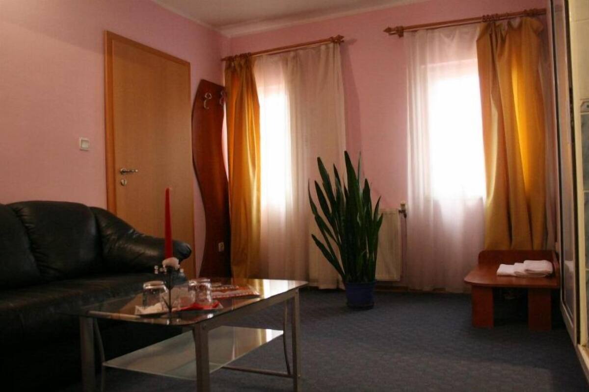 A room with a black leather sofa, a glass coffee table, a potted plant, a wooden chair, and a small table with a towel.