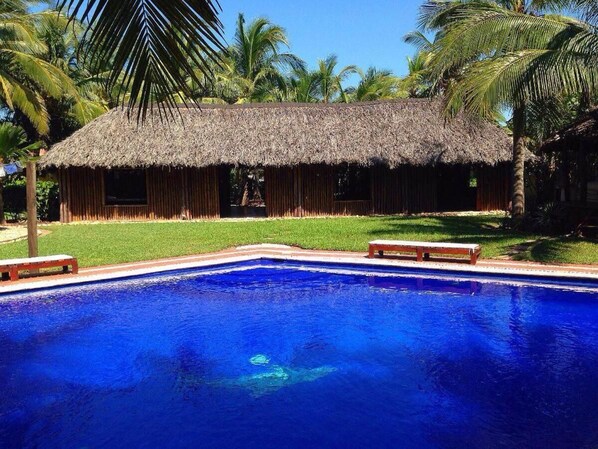 A pool with a thatched-roof hut in the background.