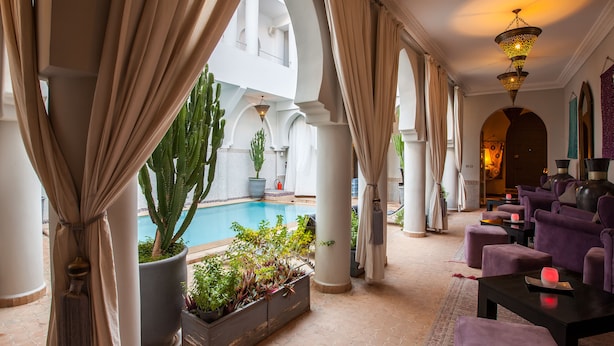 Amplio espacio interior con piscina, asientos y plantas en macetas.
