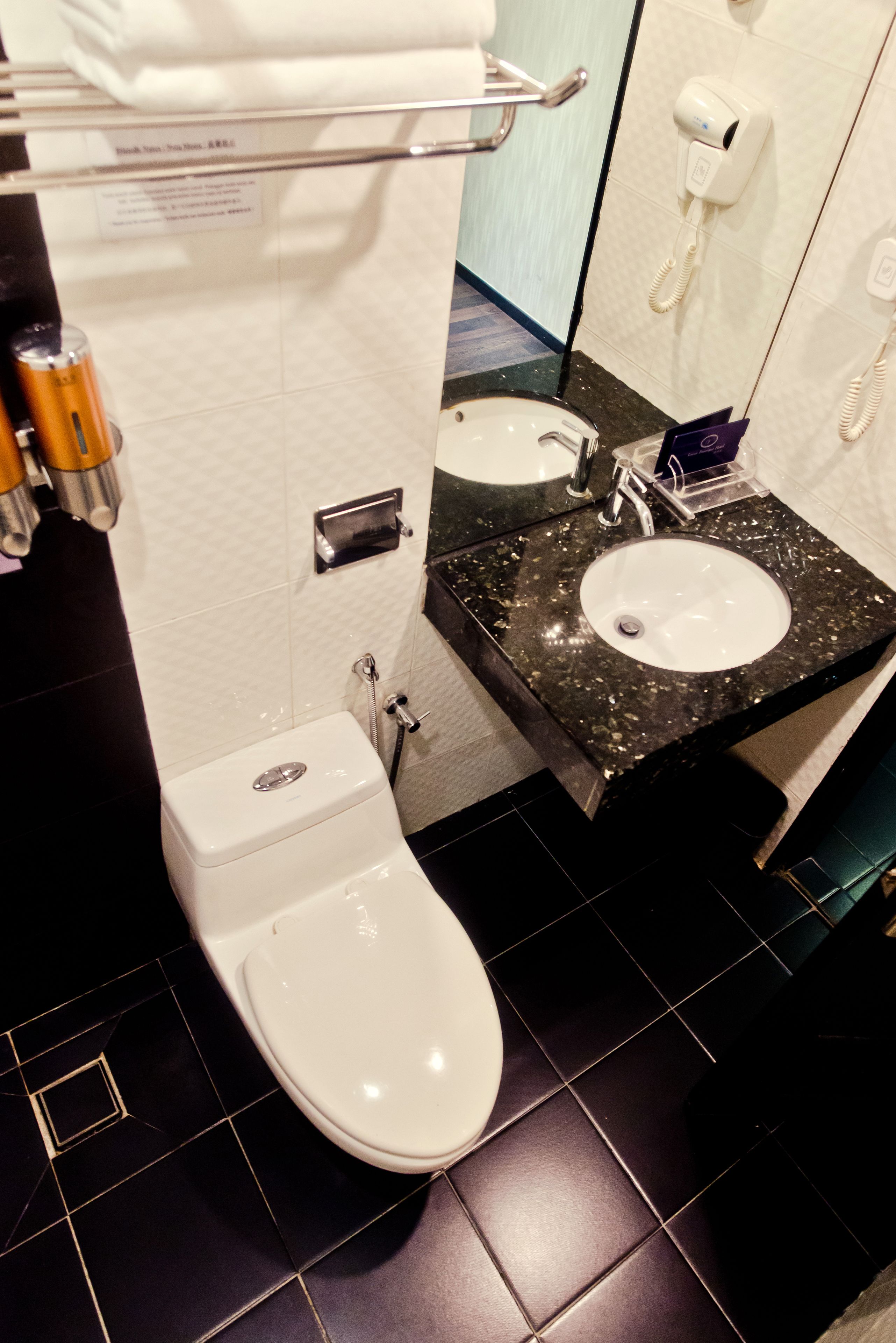 Une salle de bain équipée de toilettes, d’un lavabo et d’un sèche-cheveux fixé au mur.
