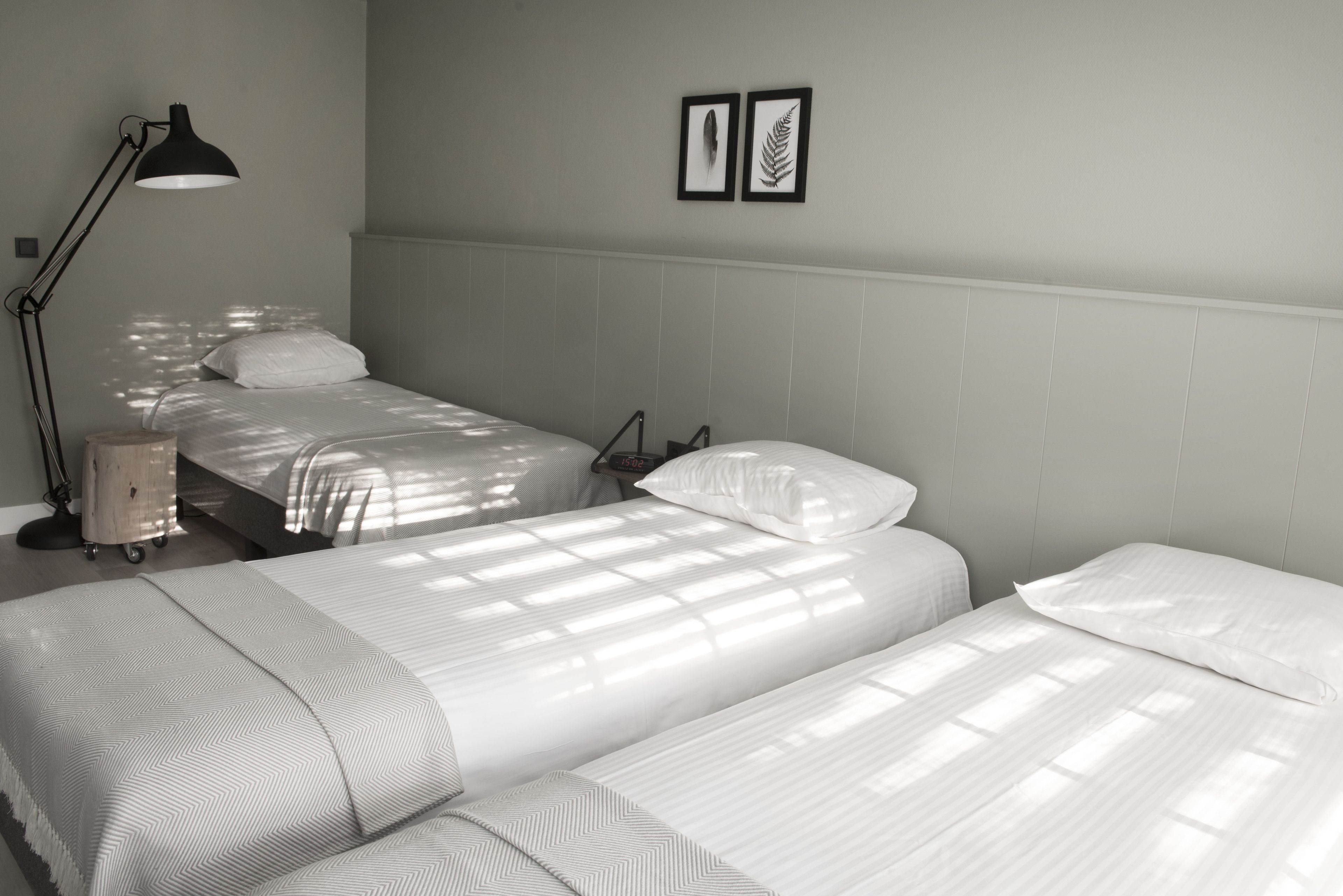 A room with two beds, a nightstand, a lamp, and two framed pictures on the wall.