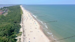 An aerial view of a beach with a long stretch of sand, a line of trees on one side, and a calm sea. - Hotel 77 Restauracja Spa (Wladyslawowo)