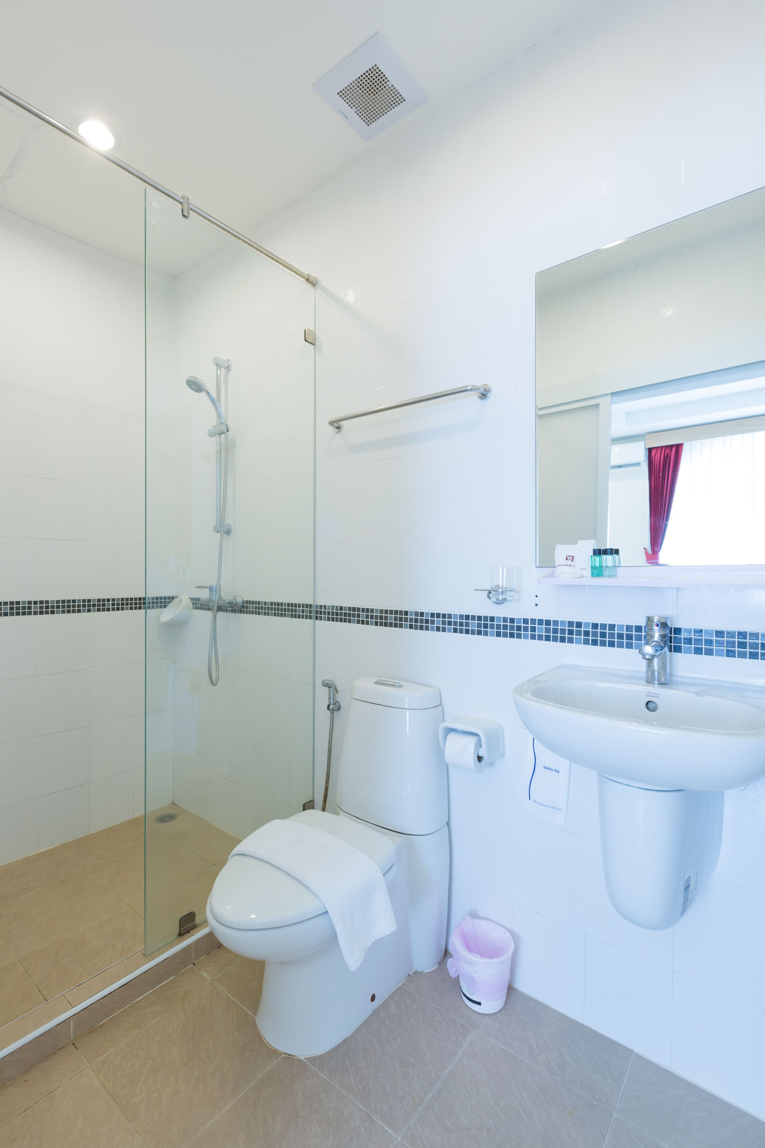 Un baño moderno con ducha de vidrio, inodoro blanco y lavabo con espejo.