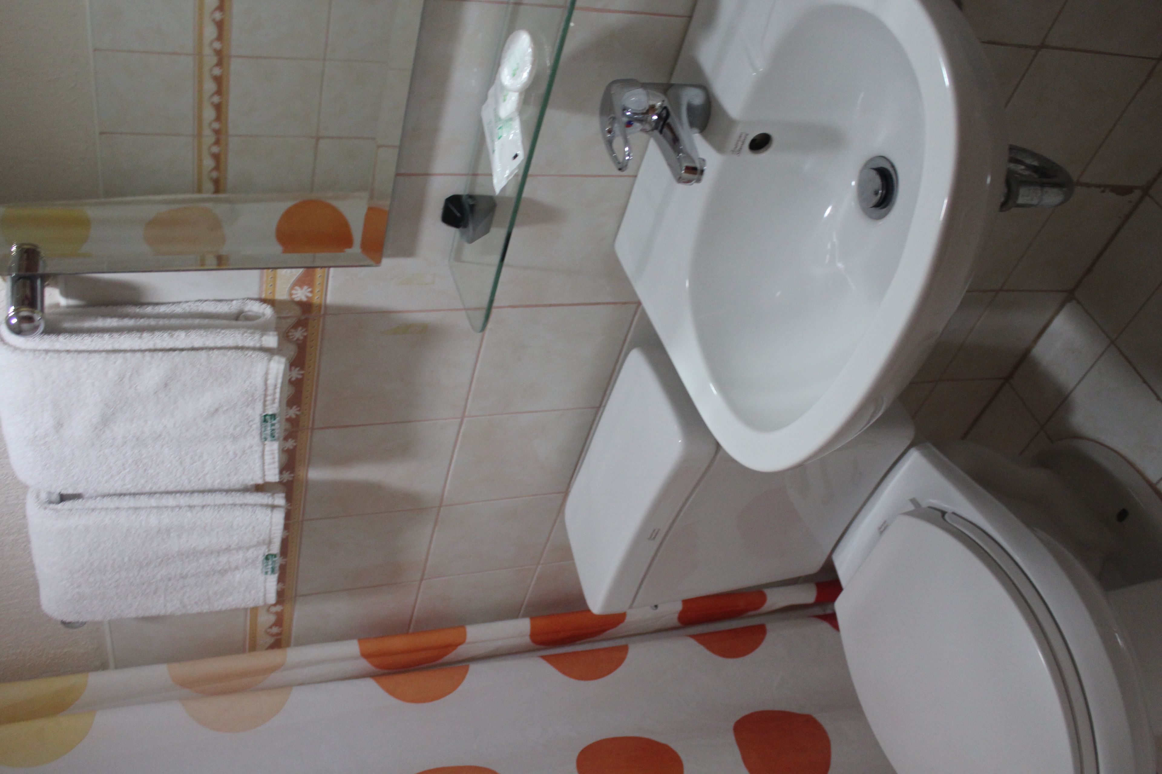 A bathroom with a white sink, a glass shelf, a towel rack, and a toilet.