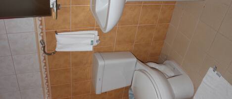 Un baño con inodoro, lavamanos y dispensador de toallas.
