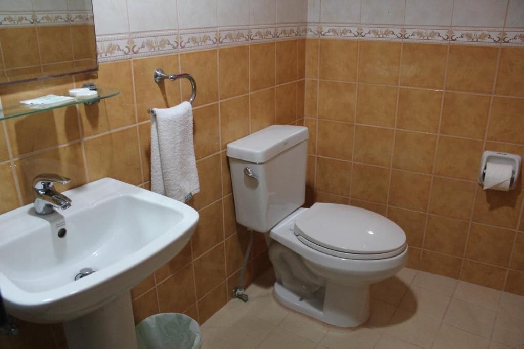 A bathroom with a white sink, a toilet, and a glass shelf.