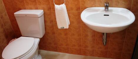 A bathroom with a toilet, sink, and a towel rack.
