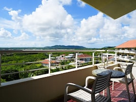 Un balcón con vistas a un paisaje verde y montañas distantes.