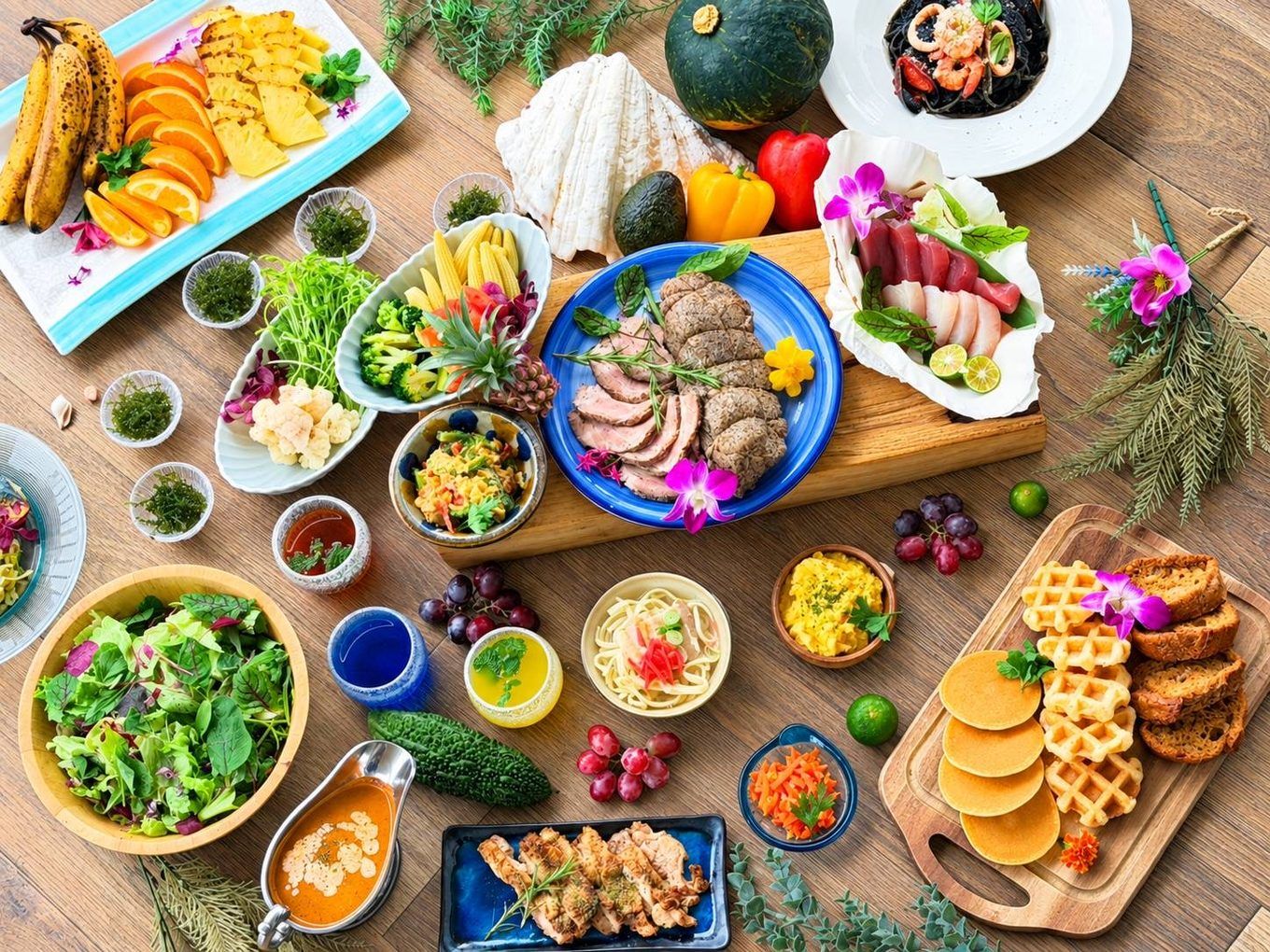 A variety of dishes and food items arranged on a wooden table.