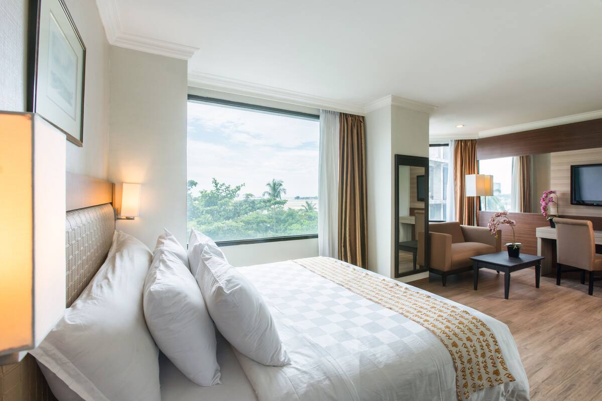 A hotel room with a large bed, a desk, a chair, a television, and a view of the outdoors.