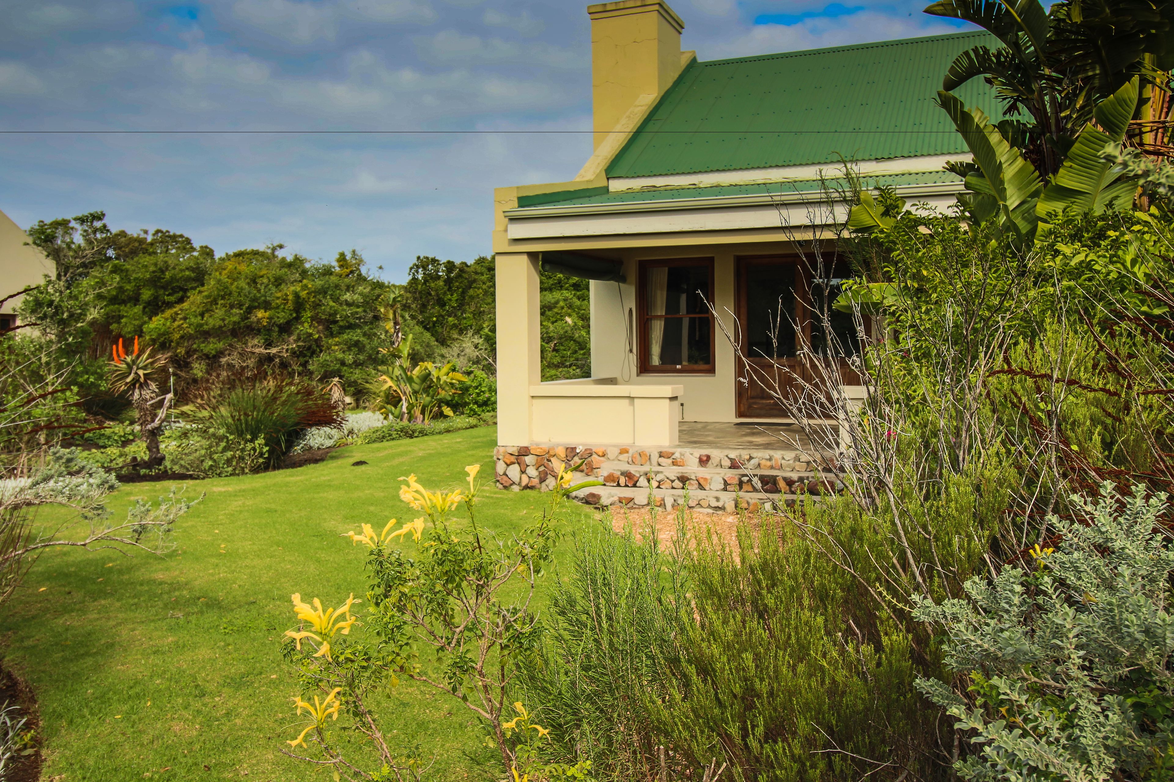 A house with a green roof, stone steps, and a well-maintained garden.