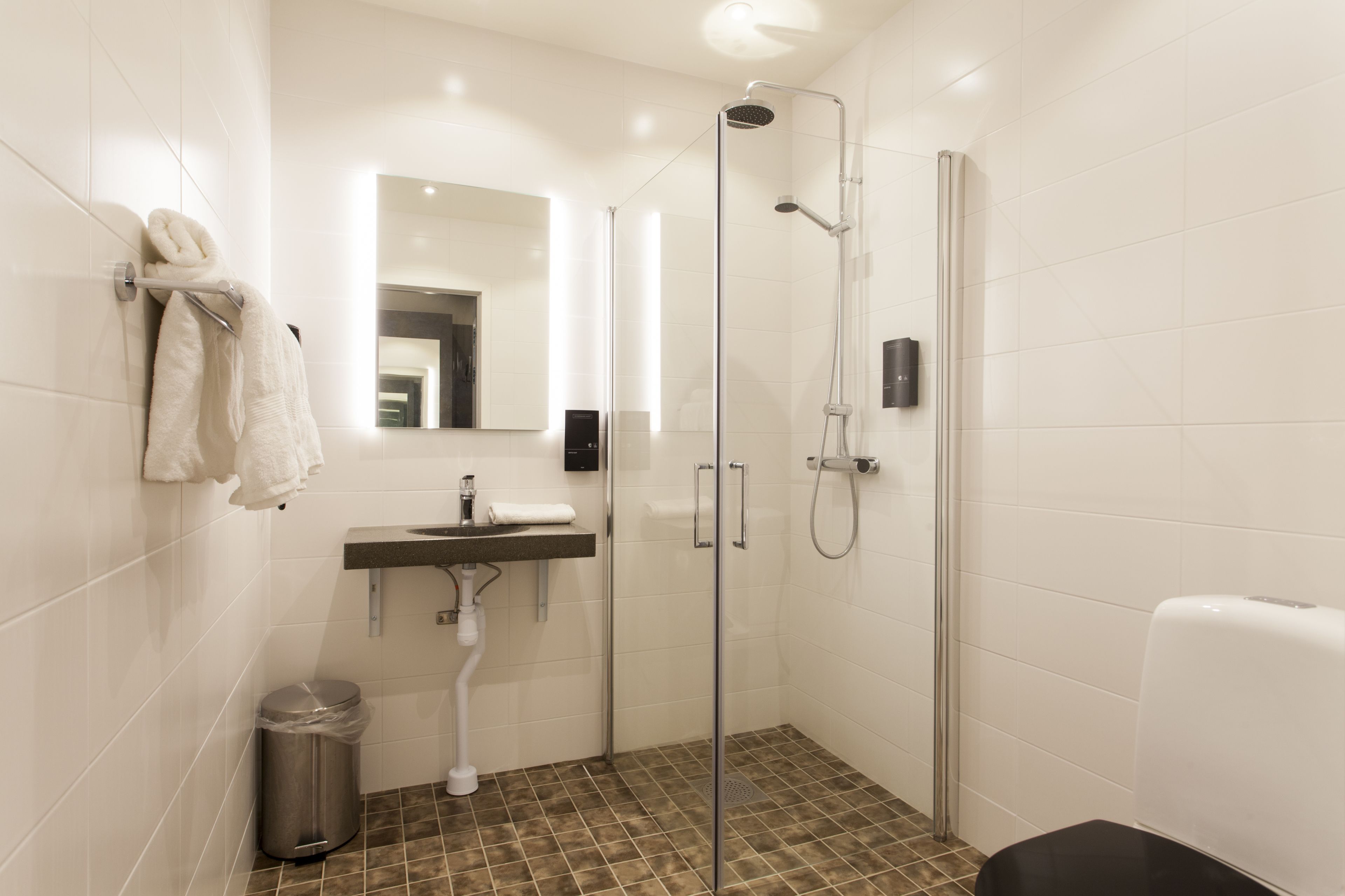 Une salle de bain moderne avec une douche à parois de verre, un lavabo avec un miroir au-dessus et une poubelle.