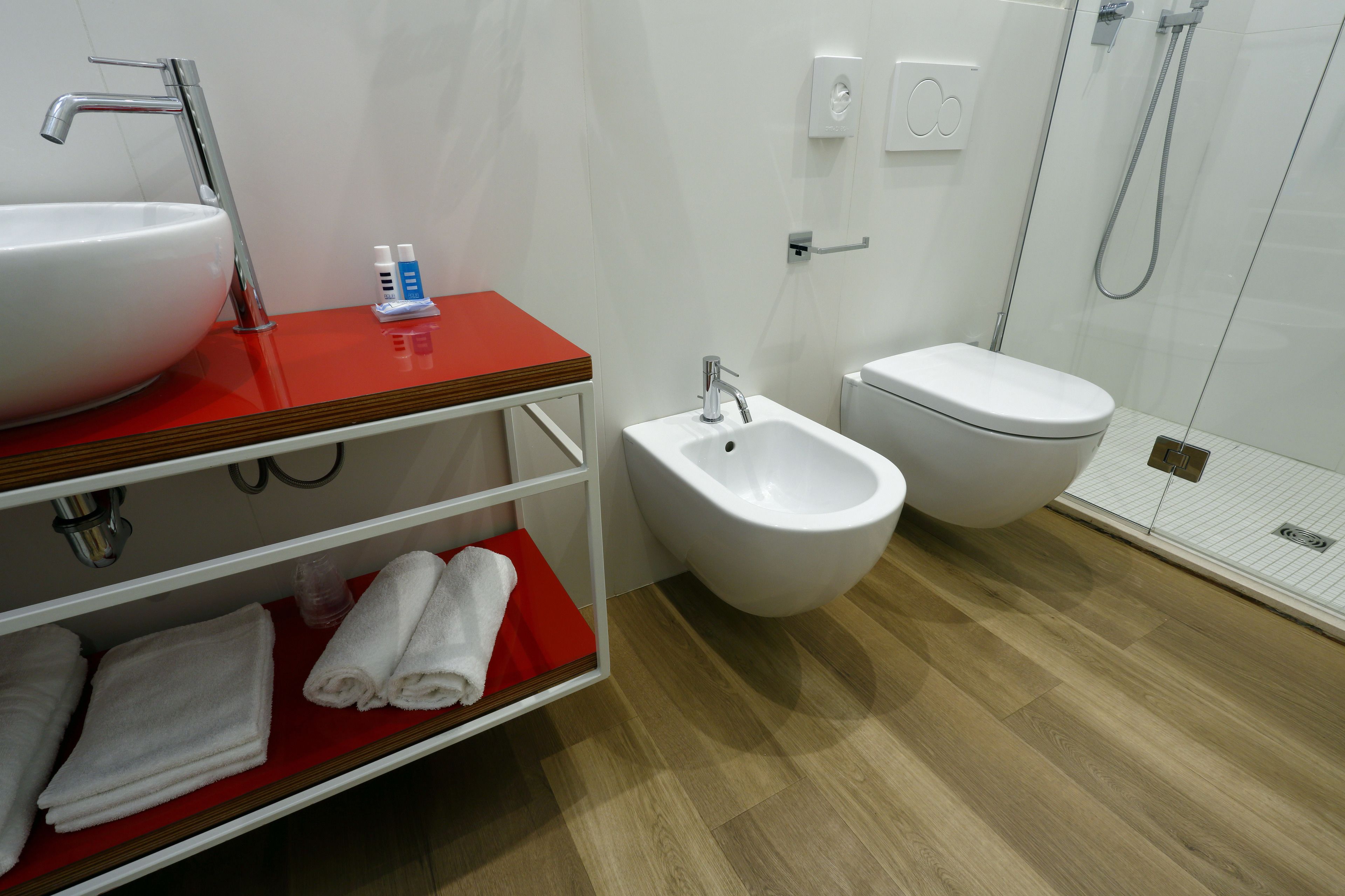superior triple room | bathroom | shower, hair dryer, bidet, towels