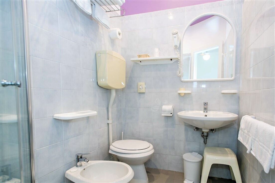 shower, hair dryer, bidet, towels