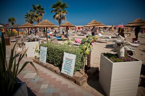 Beach nearby, sun loungers, beach umbrellas