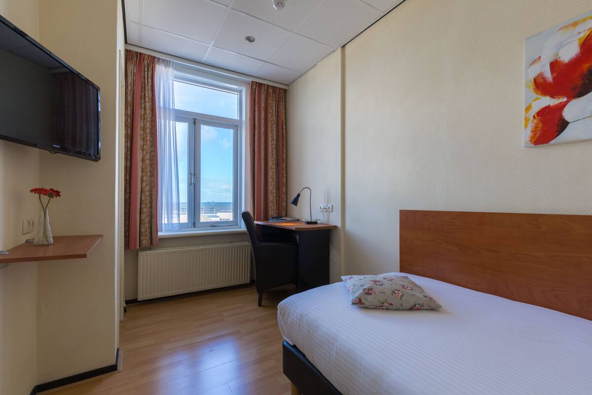 A hotel room with a bed, a desk, a chair, a TV, a window with curtains, and a radiator.