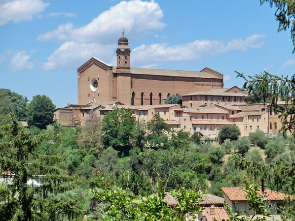 A historic building with a prominent tower and dome, surrounded by lush greenery and traditional architecture. - B&B Pantaneto Palazzo Bulgarini (Siena)