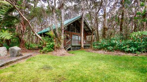 Uma cabana de madeira rodeada por uma floresta densa, com uma área gramada na frente e um caminho de pedra que a leva até ela.
