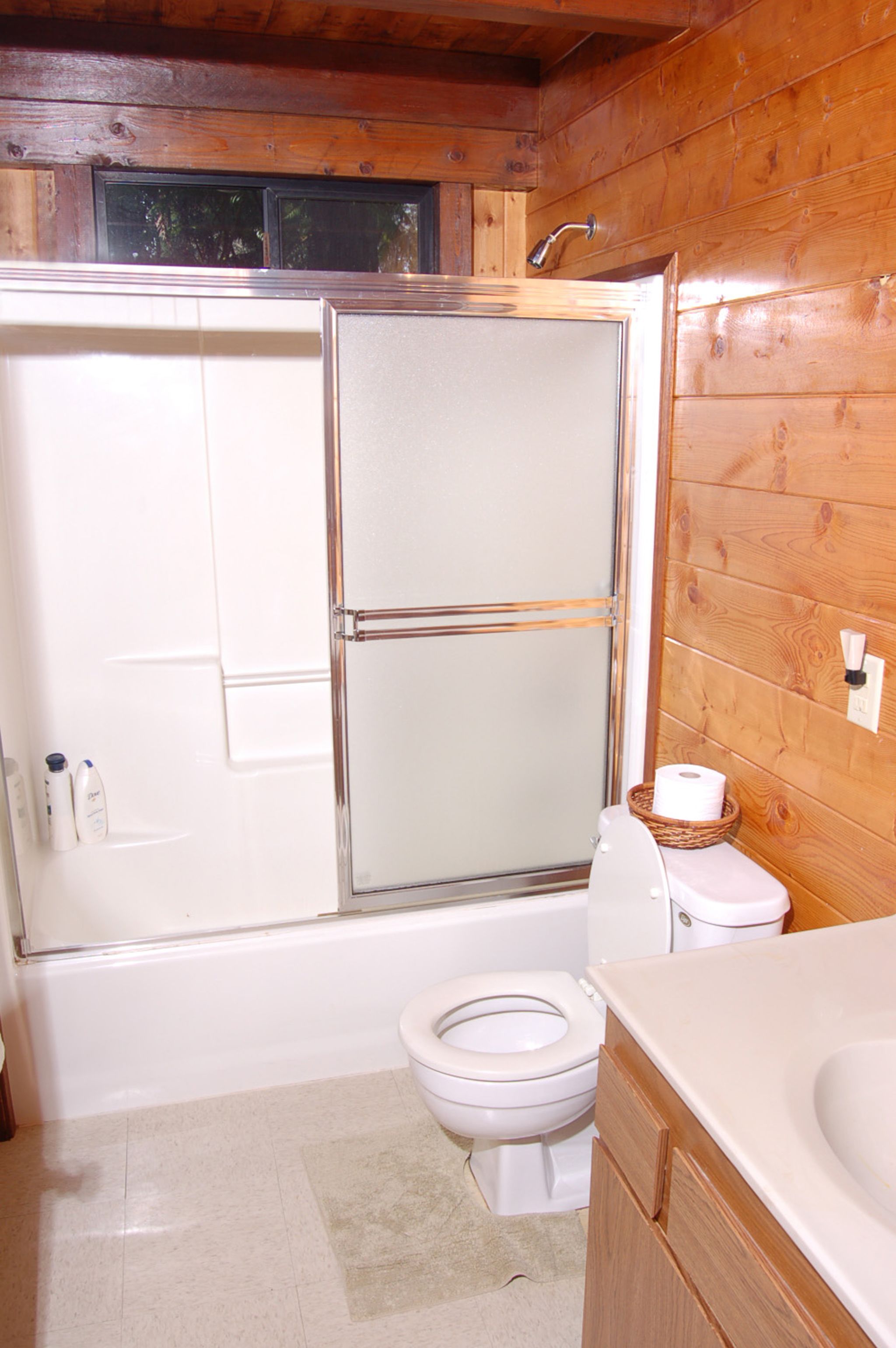 Une salle de bain avec douche, toilettes et lavabo.